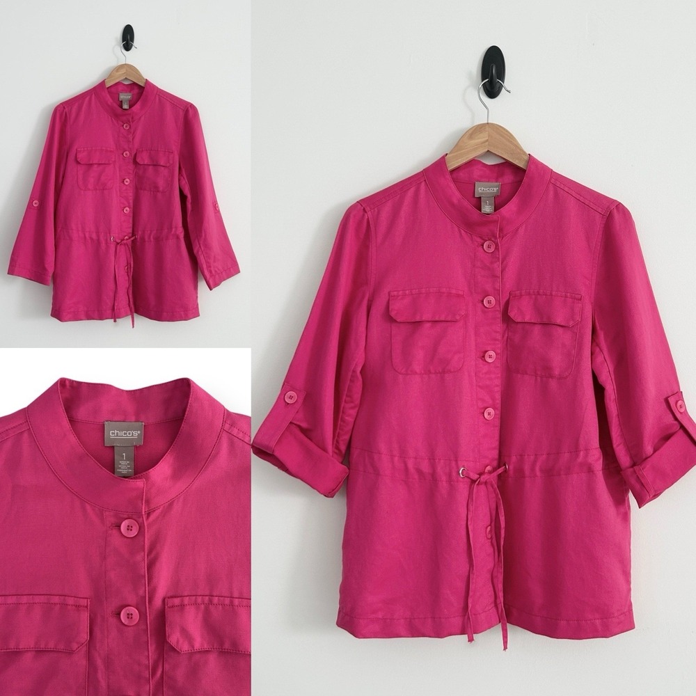 Chico's Women Medium Size 1 Pink Fuchsia Roll-Tab Drawstring Cotton Linen Jacket